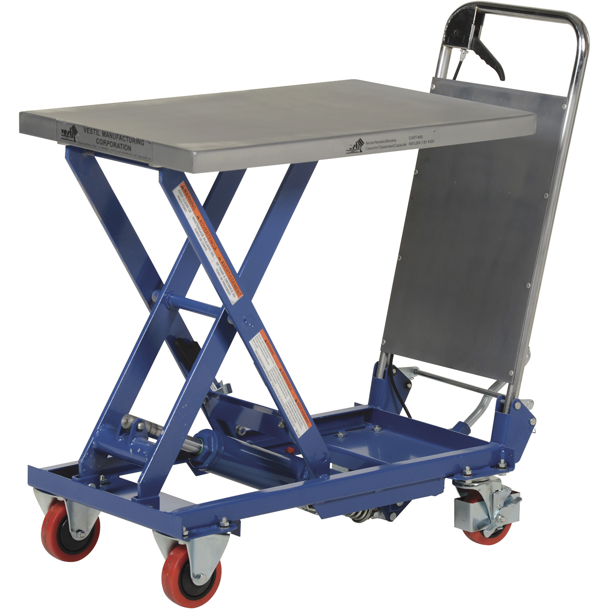 Vestil Hydraulic Elevating Cart - Manual, Single Scissor, 400-Lb. Capacity, 17.5in. x 27.5in. Platform, Model# CART-400